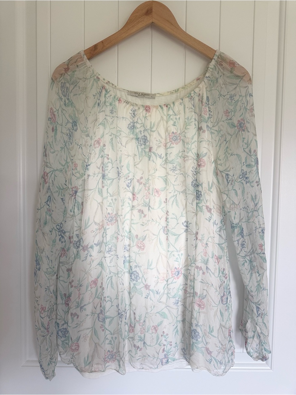 Viola Borghi Italy 100% Silk Sheer Floral Blouse Lined Long Sleeve Boho Romantic